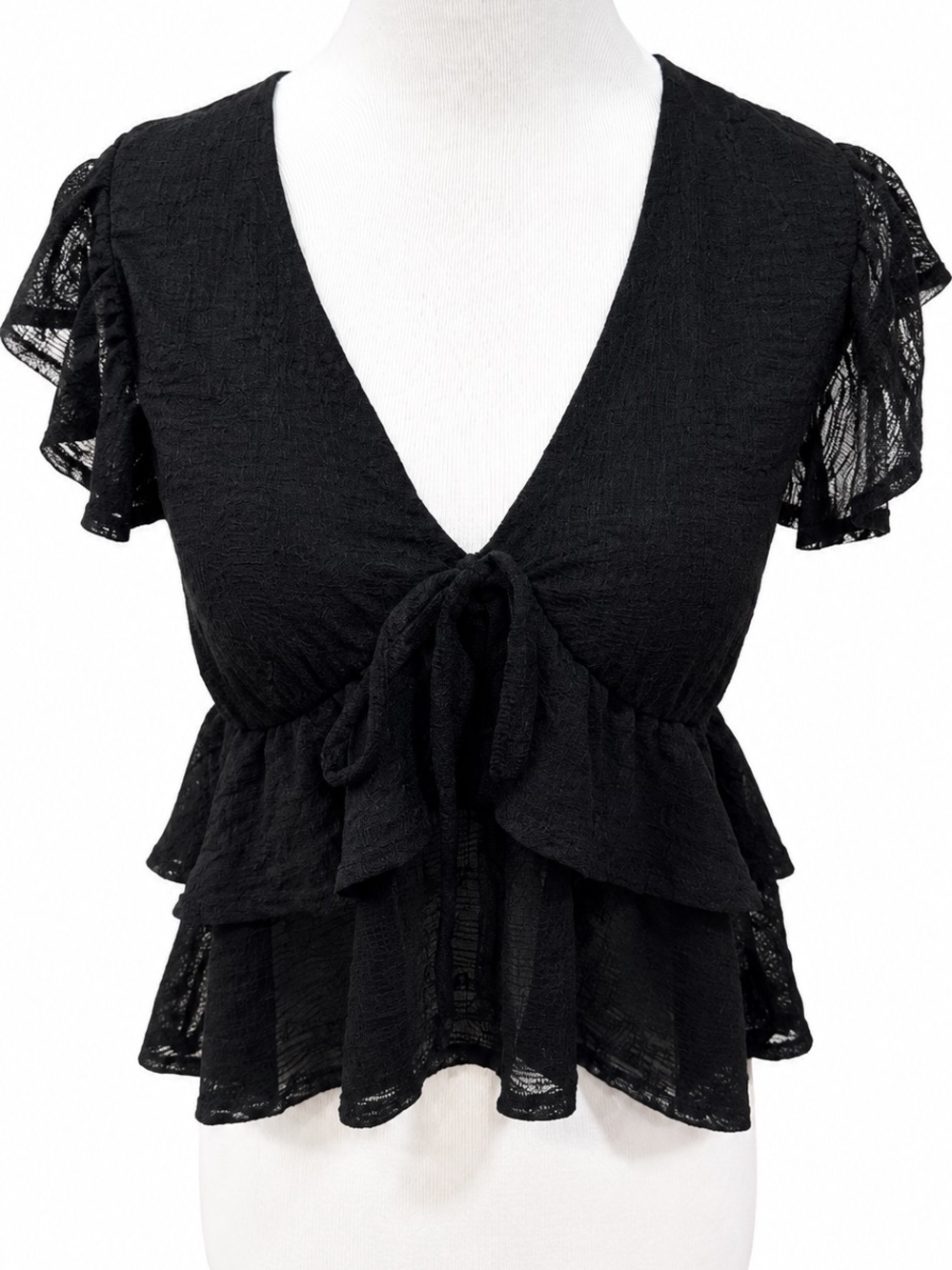 Frankee & Skylarr Black Tie-Front Ruffle Peplum Blouse Medium
